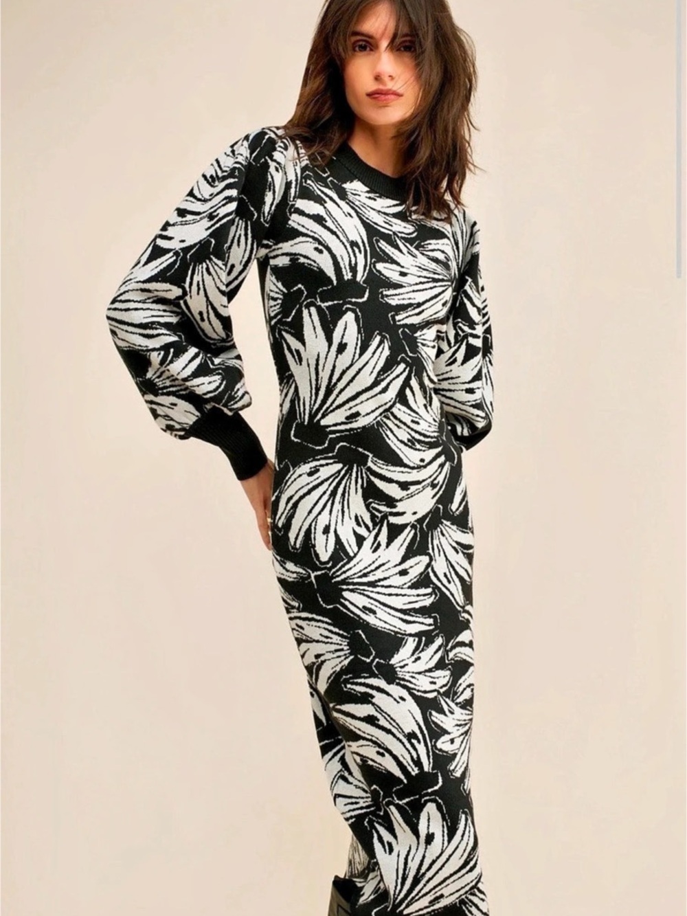 Farm Rio Bossa Banana Knit Dress Floral Midi Black & White Medium